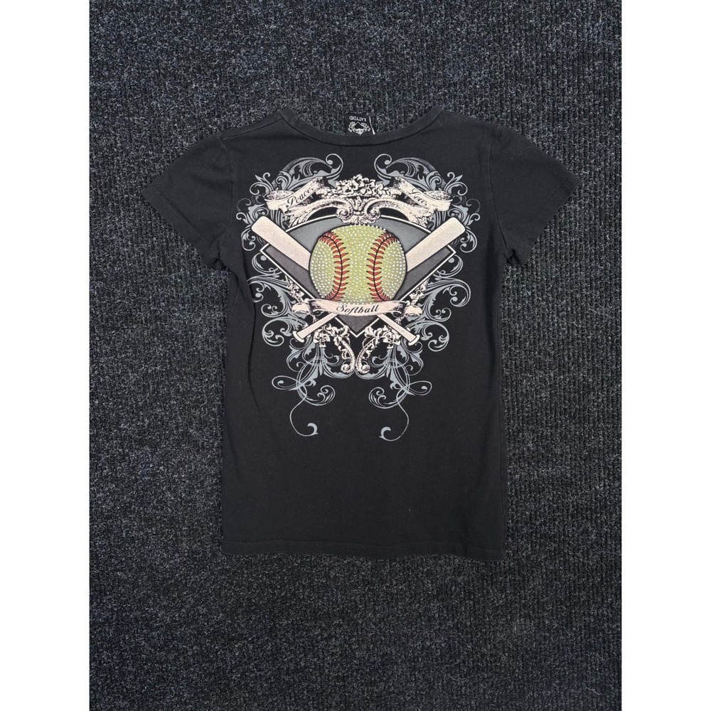 Katydid Womens Medium Black Softball Graphic T-Shirt Rhinestone Y2K Slim Fit